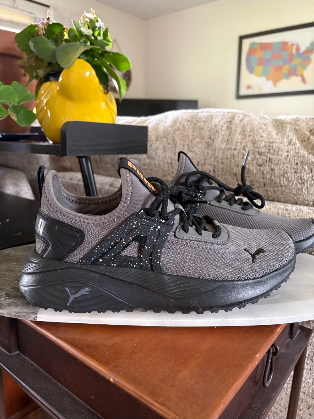 Puma Gray and Black Athletic Sneakers with Orange Logo